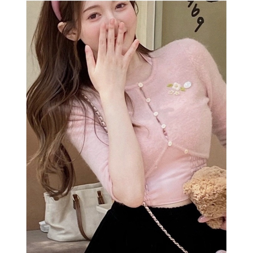 Japanese Kawaii Pastel Pink Cottage Floral Embroidered Crop Knitted Cardigan Top